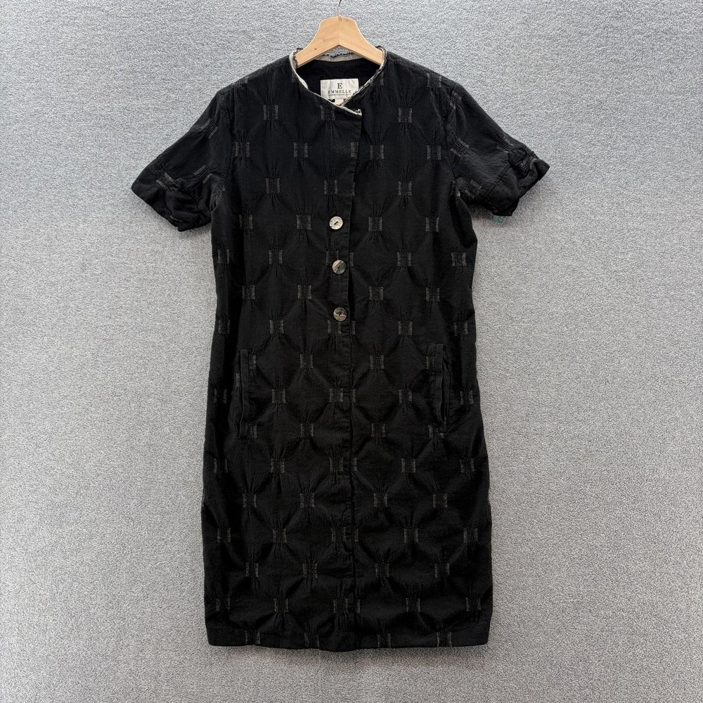 Emmelle Dress Small Black Puckered Cotton Short Sleeve Pockets Shift Avant Garde